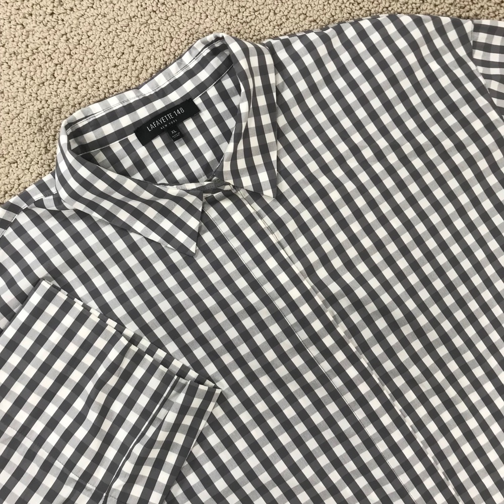 Lafayette 148 New York Grey Gingham Oversized Button Up Shirt XL Cotton Blend - Picture 1 of 8
